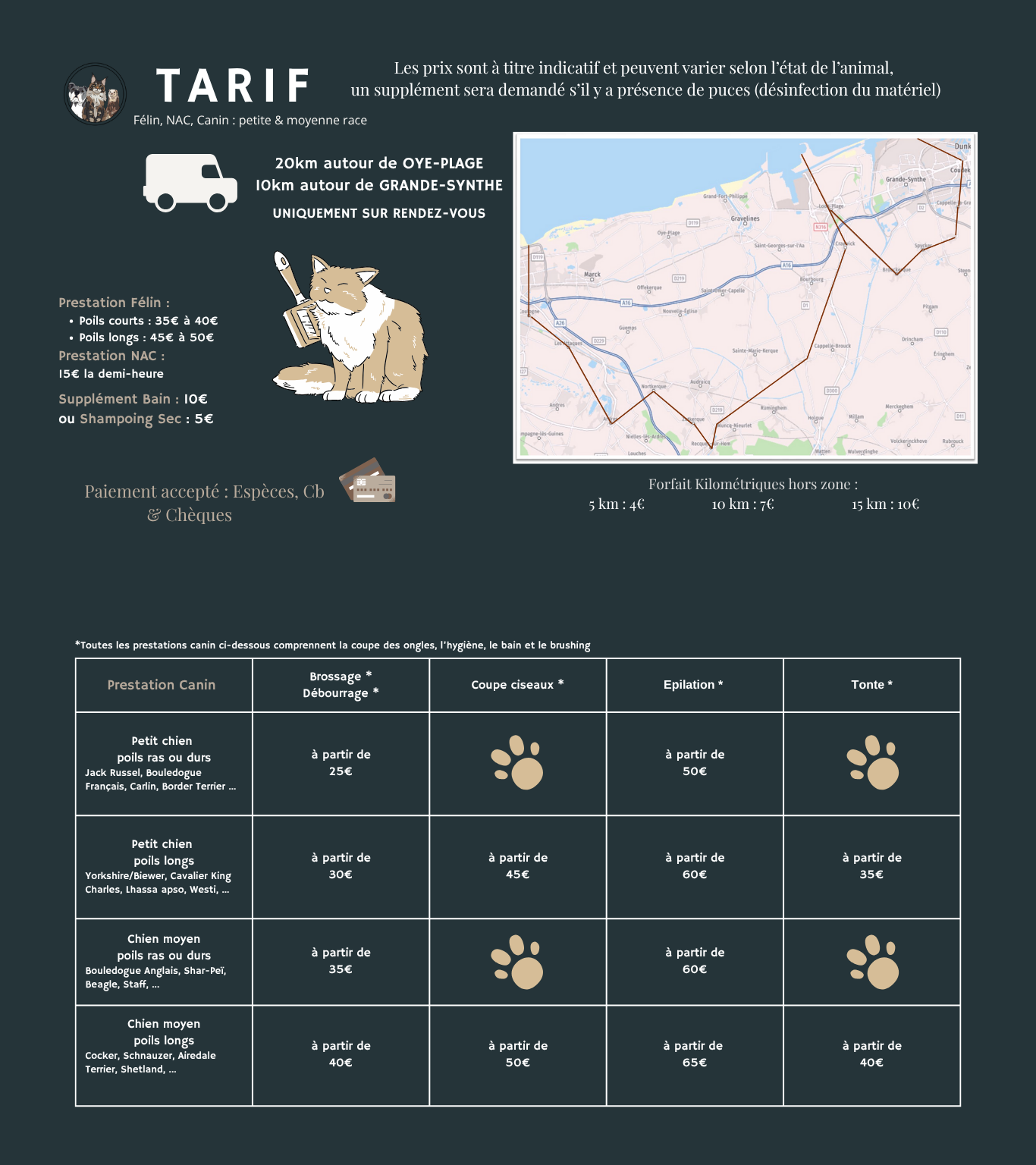 Tarif et zone de déplacement